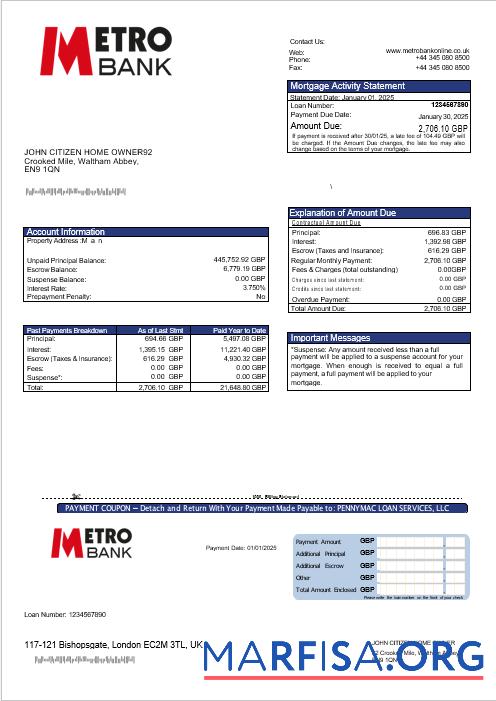 Printable United Kingdom Metro bank mortgage statement in Word and PDF formats sample